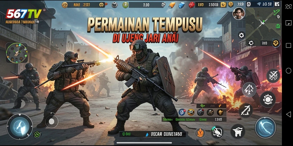 Tangkapan layar utama 567TV menunjukkan aksi tembak-menembak yang mendebarkan.