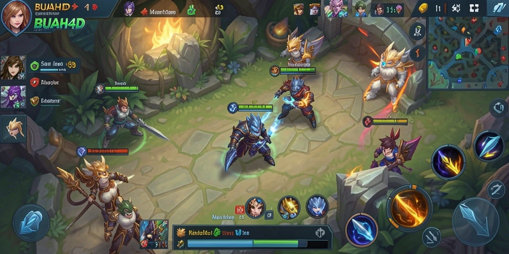Screenshot utama BUAH4D menampilkan aksi seru dalam pertempuran MOBA.