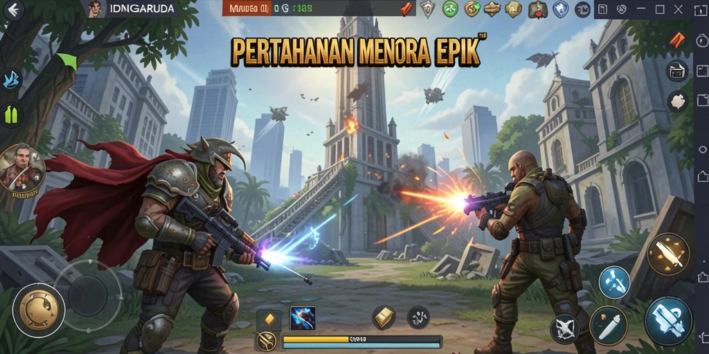 Tampilan gameplay menakjubkan dari IDNGARUDA yang menampilkan pertahanan menara.