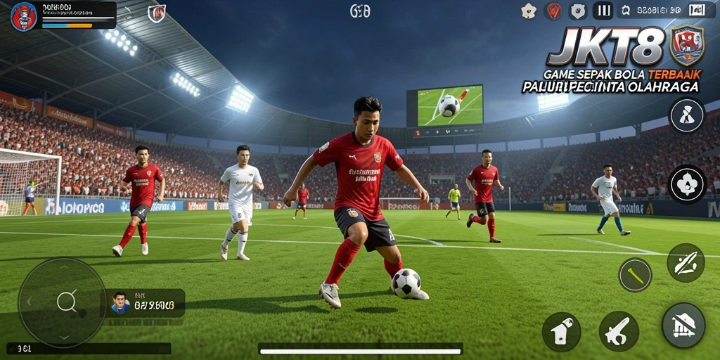 Screenshot game JKT8 menampilkan aksi sepak bola yang seru.
