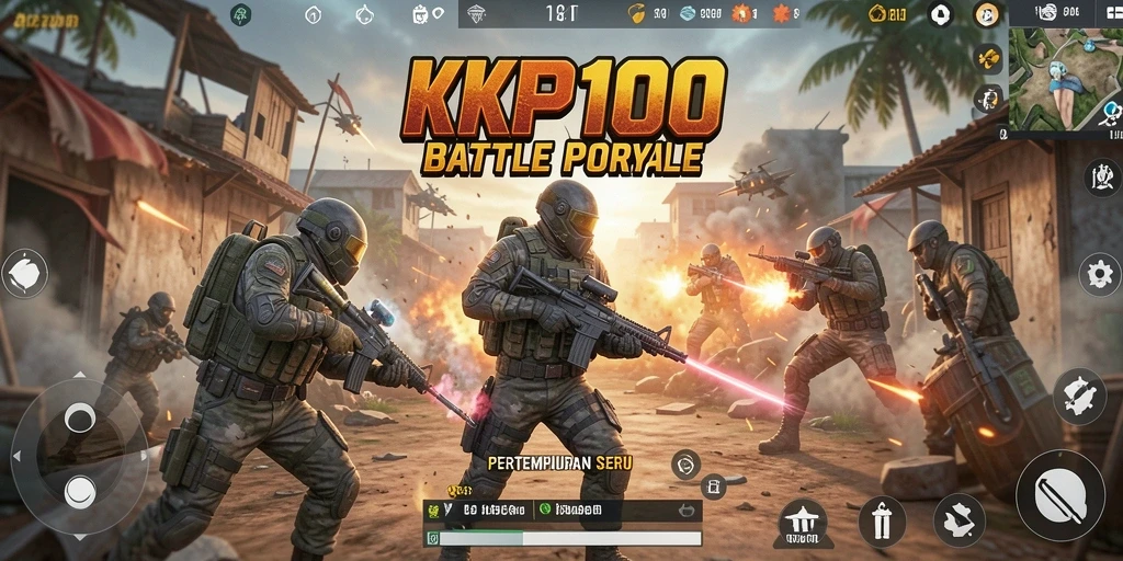 Tangkapan layar gameplay KPK100 yang menunjukkan aksi seru Battle Royale.