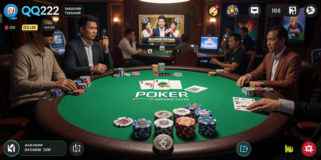 Screenshot utama yang menunjukkan keseruan gameplay Poker di QQ222.